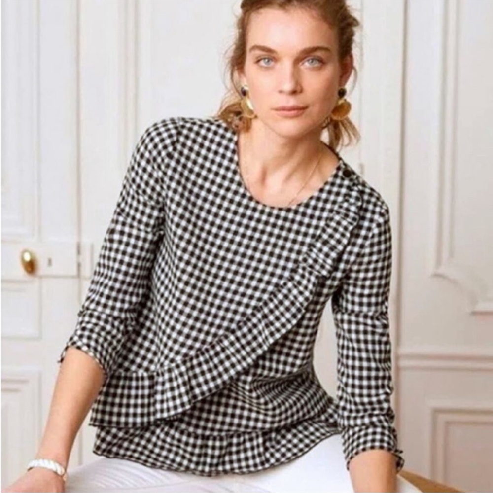 Sezane Jerry Vichy gingham checked ruffle top black Wool Blend Sz small